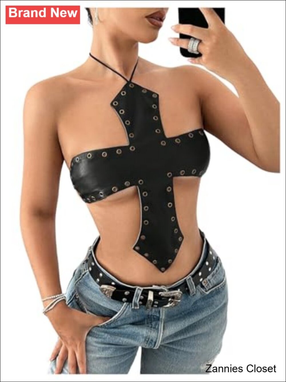 ✨ Faux Leather Halter Top Cross Open Back Slim Fit Going Out Bar Top